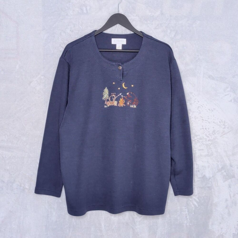 CJ BANKS Navy Blue Embroidered Long Sleeve Shirt Size 1X Camping